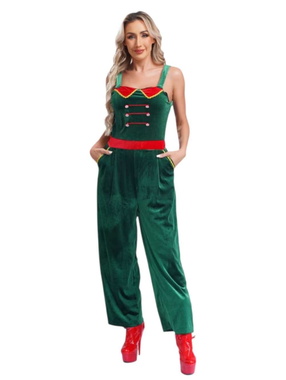 Green Velvet Holiday Christmas novelty Party Jumpsuit Red Trim Whimsigoth XS